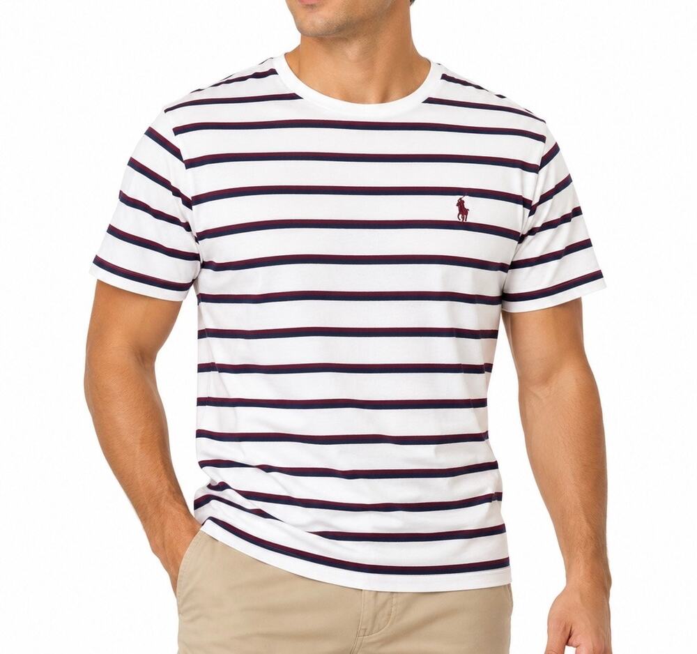 Polo Ralph Lauren White Navy Burgundy Striped Pony Cotton T Shirt Mens Medium